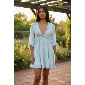 LOVERS & FRIENDS Women's S Light Blue Cotton Deep V-Neck Mini Dress Sheer Back